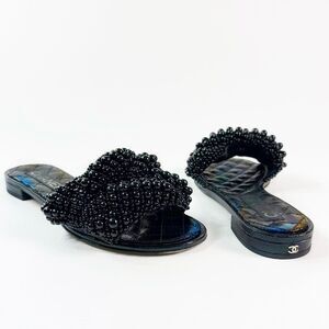 CHANEL Black Fantasy Pearl Cord Sandals Size 37 Mules Open Toe Slides CC Flat
